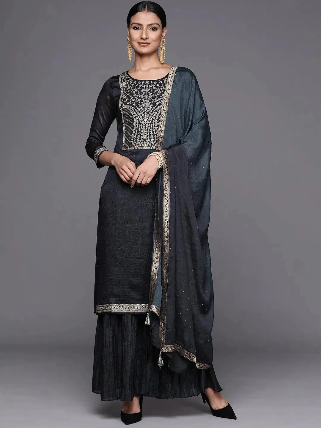 Charcoal Yoke Design Silk Blend Straight Sharara Suit Set With Dupatta