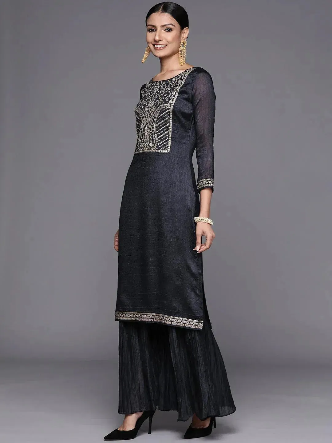 Charcoal Yoke Design Silk Blend Straight Sharara Suit Set With Dupatta