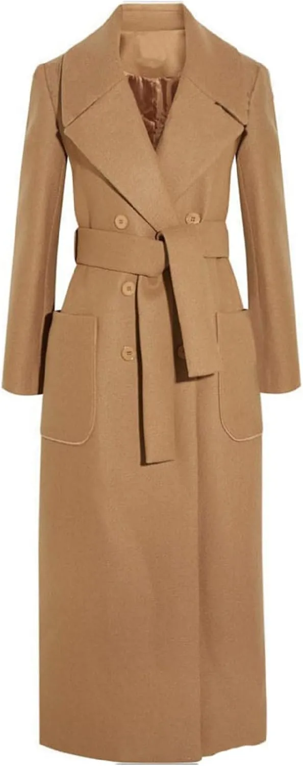 CHARTOU Women's Elegant Lapel Collar Double Breasted Regular Wool Blend Overcoat Coat Belt