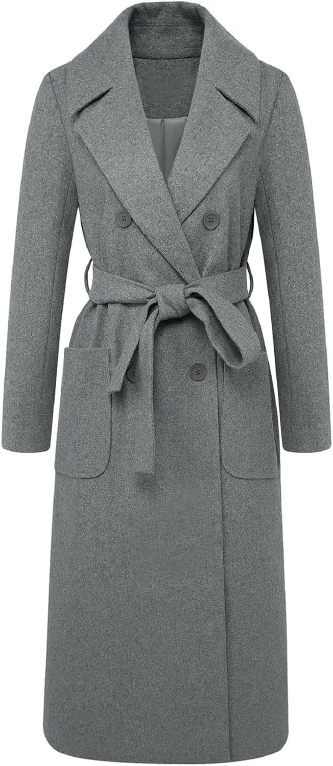 CHARTOU Women's Elegant Lapel Collar Double Breasted Regular Wool Blend Overcoat Coat Belt