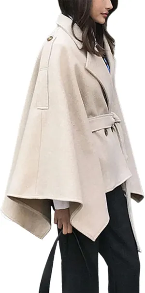 CHARTOU Women's Elegant Lapel Collar Wool Blend Bow-Tie Poncho Cape Jacket with Belt