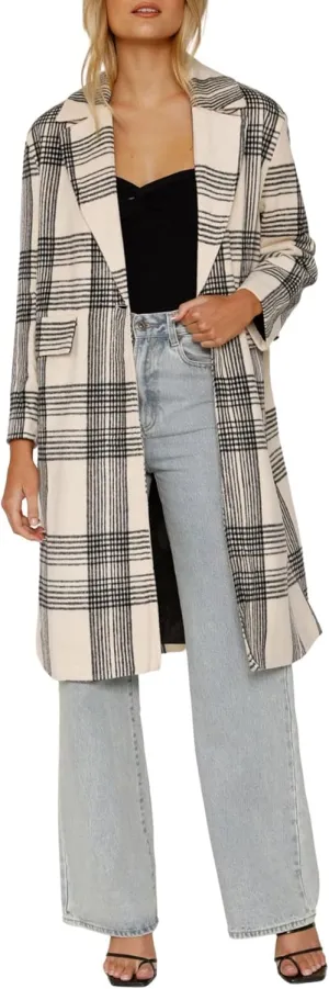 CHARTOU Women's Lapel Collar Plaid Wool Blend Shacket Button Down Midi Long Trench Coat