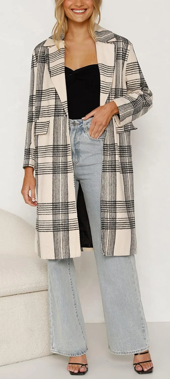 CHARTOU Women's Lapel Collar Plaid Wool Blend Shacket Button Down Midi Long Trench Coat