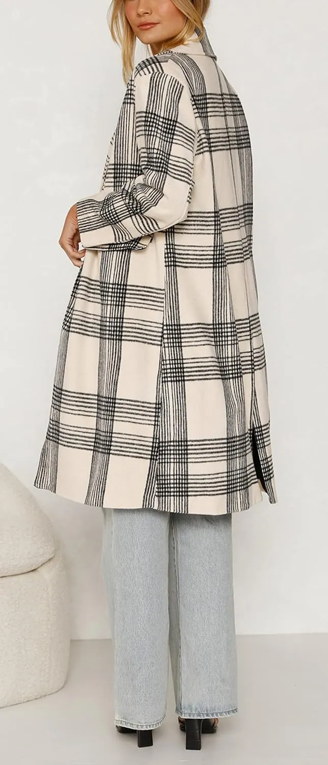 CHARTOU Women's Lapel Collar Plaid Wool Blend Shacket Button Down Midi Long Trench Coat