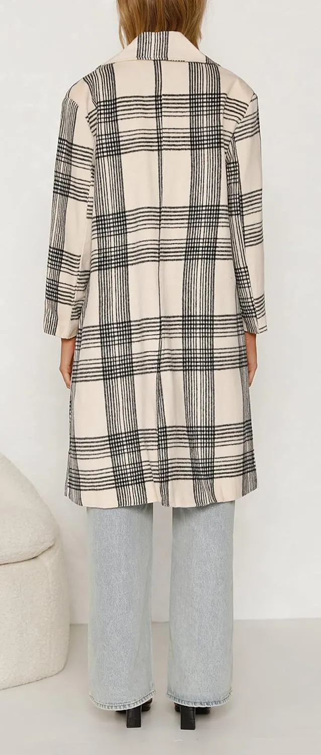 CHARTOU Women's Lapel Collar Plaid Wool Blend Shacket Button Down Midi Long Trench Coat