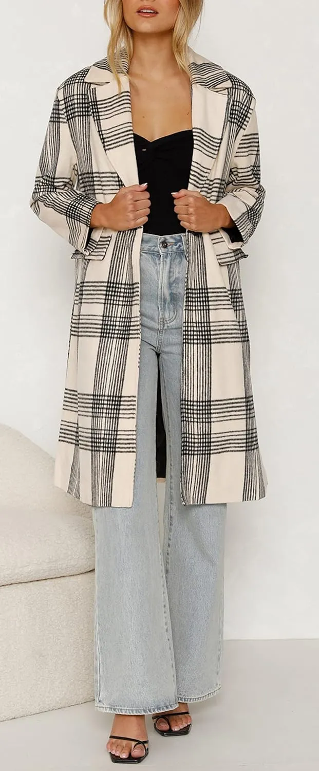 CHARTOU Women's Lapel Collar Plaid Wool Blend Shacket Button Down Midi Long Trench Coat