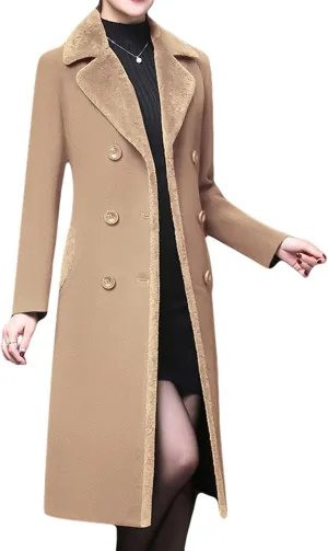 CHARTOU Women's Slim Fur Collar Double Breasted Long Wool Blend Coat Pea Coat
