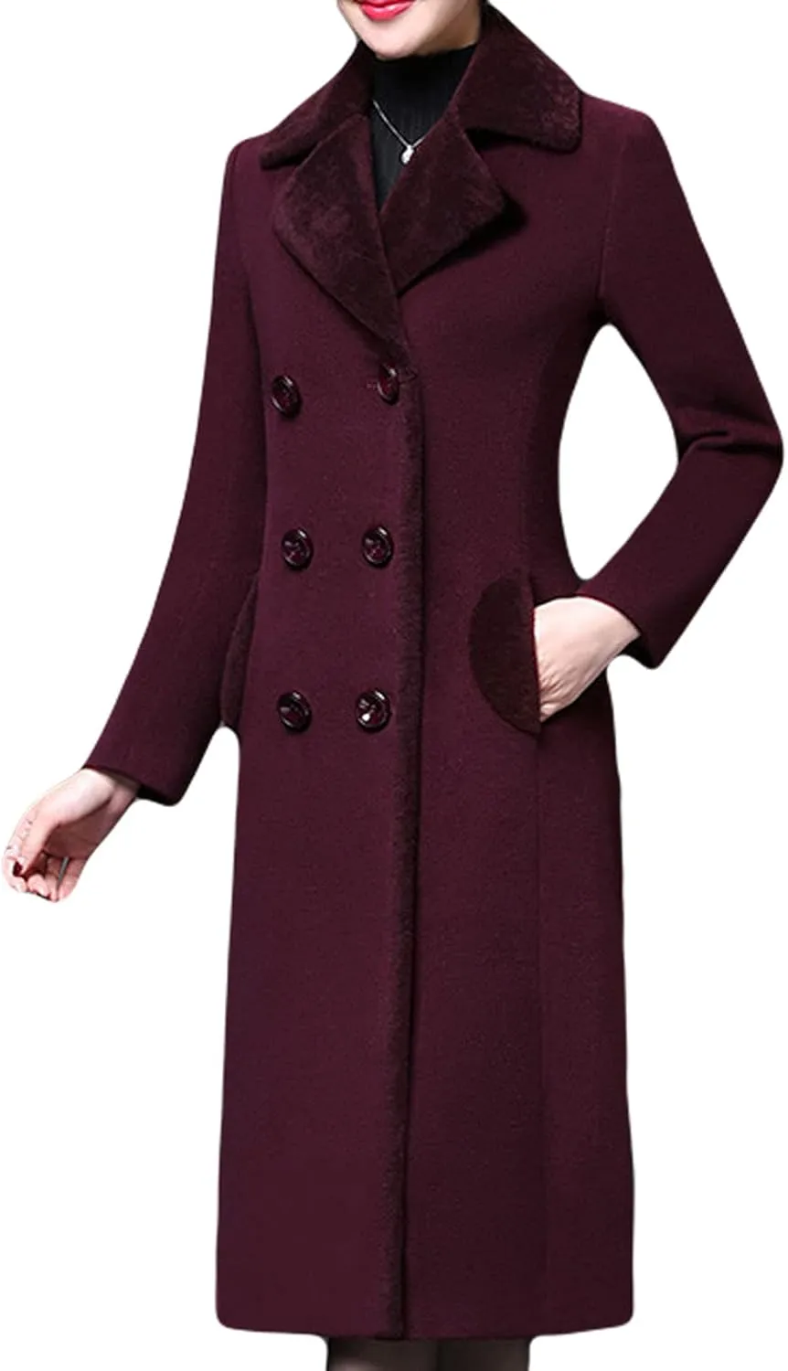 CHARTOU Women's Slim Fur Collar Double Breasted Long Wool Blend Coat Pea Coat