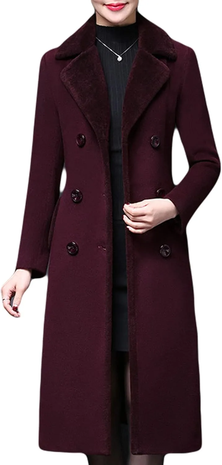CHARTOU Women's Slim Fur Collar Double Breasted Long Wool Blend Coat Pea Coat