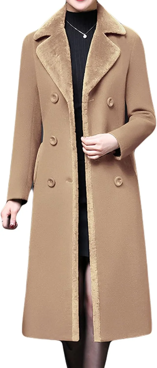 CHARTOU Women's Slim Fur Collar Double Breasted Long Wool Blend Coat Pea Coat