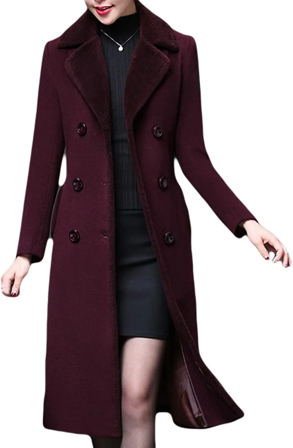CHARTOU Women's Slim Fur Collar Double Breasted Long Wool Blend Coat Pea Coat