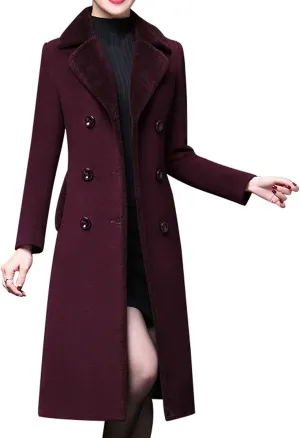 CHARTOU Women's Slim Fur Collar Double Breasted Long Wool Blend Coat Pea Coat