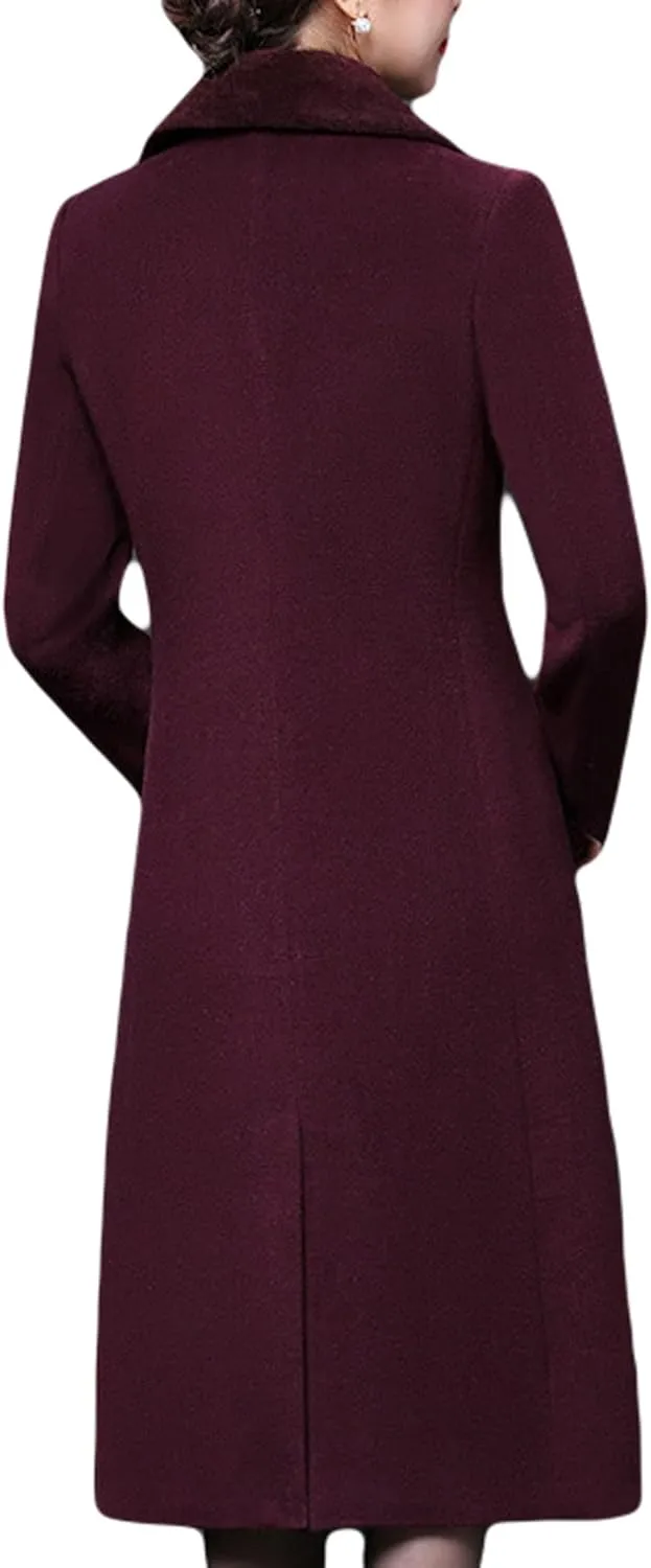 CHARTOU Women's Slim Fur Collar Double Breasted Long Wool Blend Coat Pea Coat
