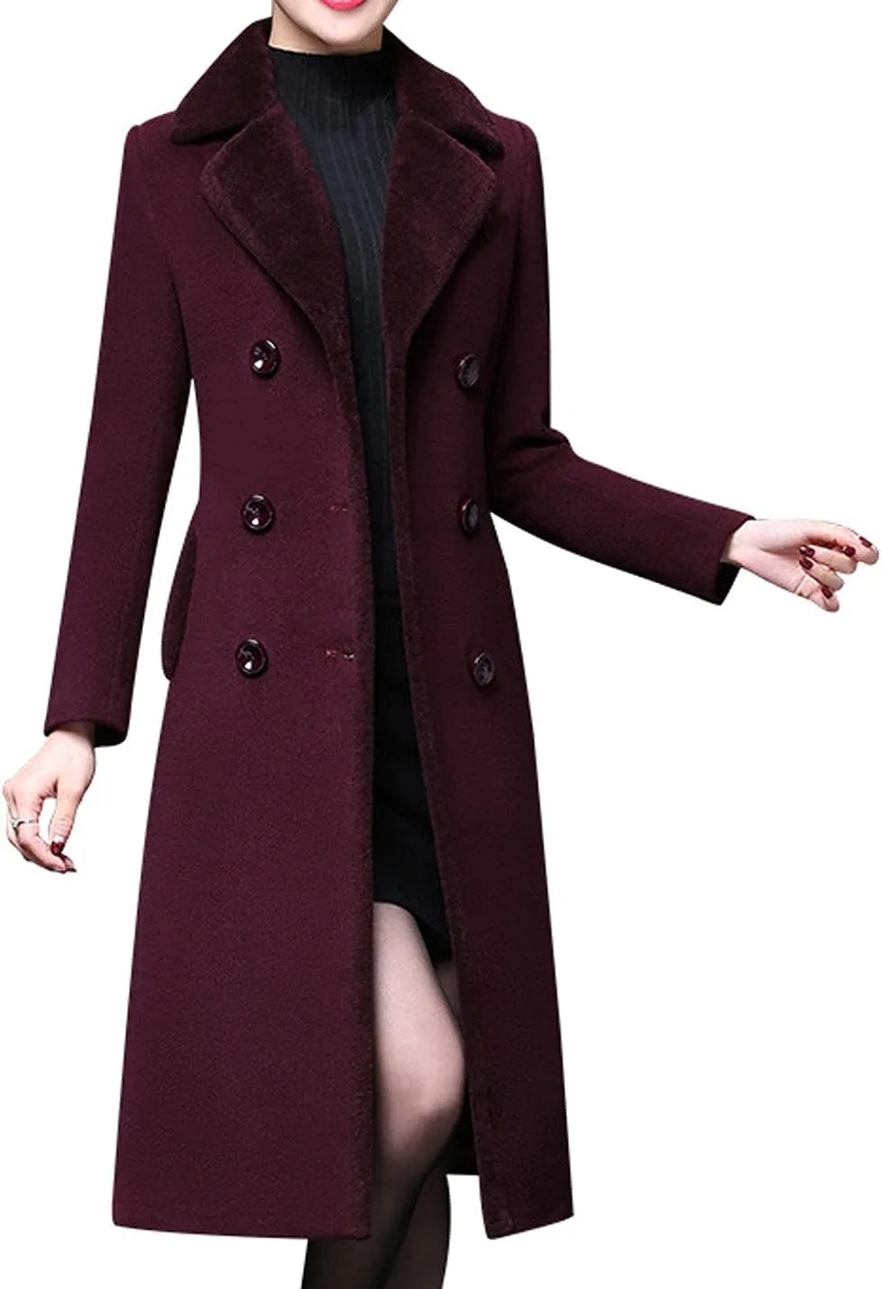CHARTOU Women's Slim Fur Collar Double Breasted Long Wool Blend Coat Pea Coat