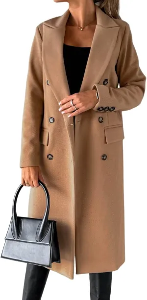 CHARTOU Women's Winter Wool Blend Double Breasted Slim Long Trench Coat Overcoat