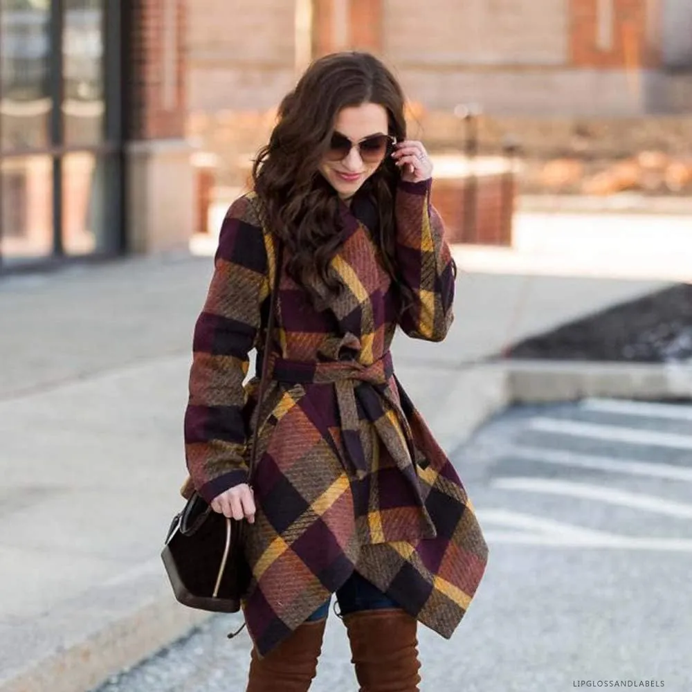 CHICWISH Women's Turn Down Shawl Collar Earth Tone Check Asymmetric Hemline Wool Blend Coat