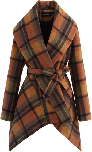 CHICWISH Women's Turn Down Shawl Collar Earth Tone Check Asymmetric Hemline Wool Blend Coat