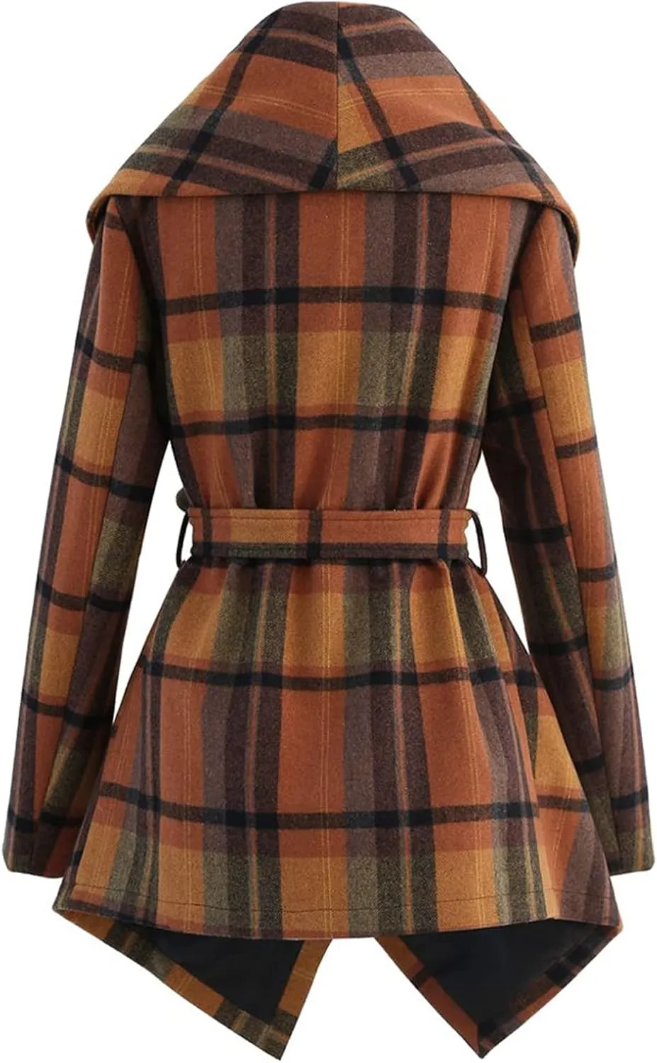 CHICWISH Women's Turn Down Shawl Collar Earth Tone Check Asymmetric Hemline Wool Blend Coat