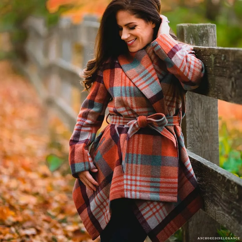 CHICWISH Women's Turn Down Shawl Collar Earth Tone Check Asymmetric Hemline Wool Blend Coat