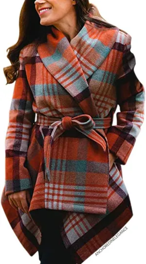 CHICWISH Women's Turn Down Shawl Collar Earth Tone Check Asymmetric Hemline Wool Blend Coat