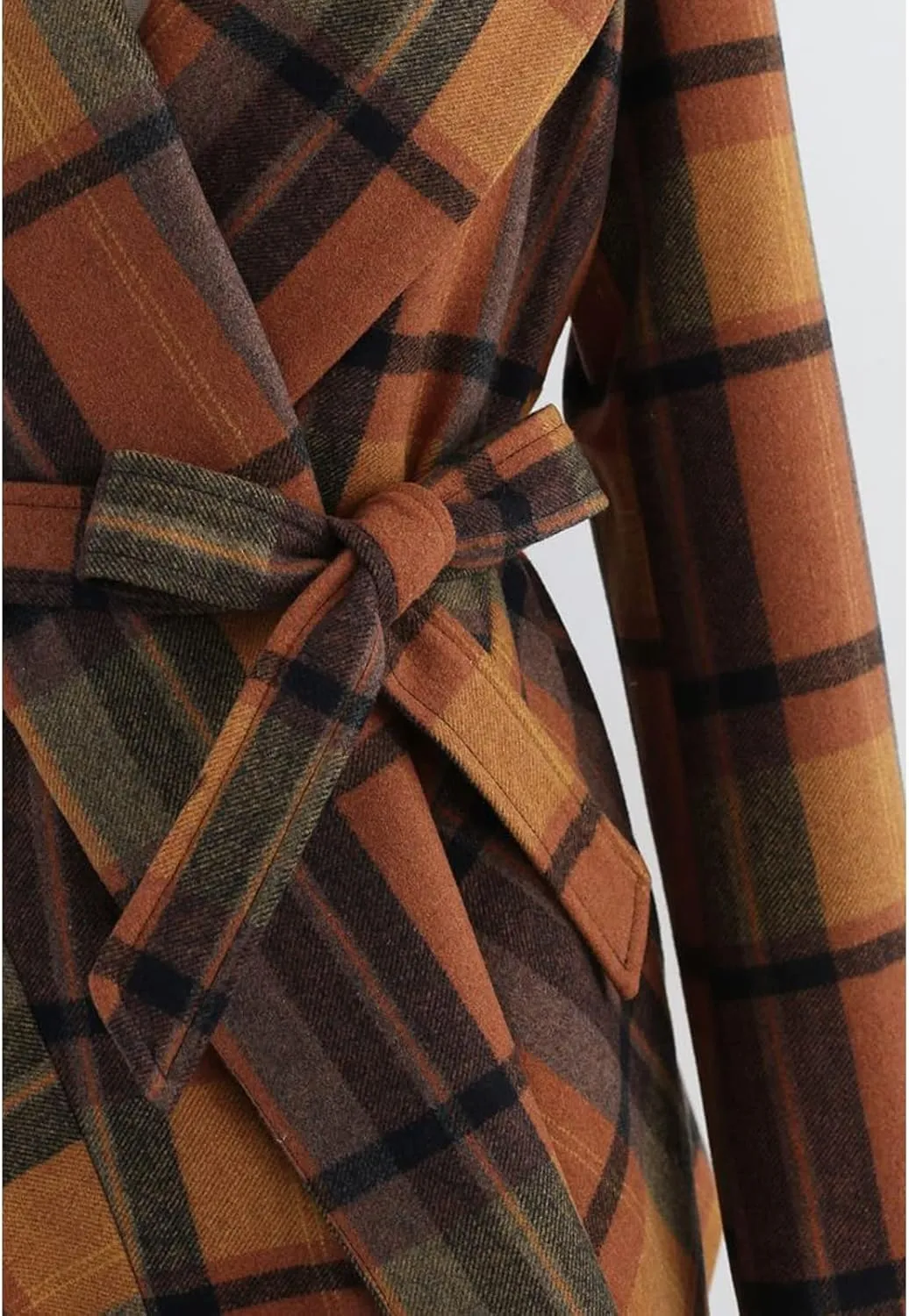 CHICWISH Women's Turn Down Shawl Collar Earth Tone Check Asymmetric Hemline Wool Blend Coat