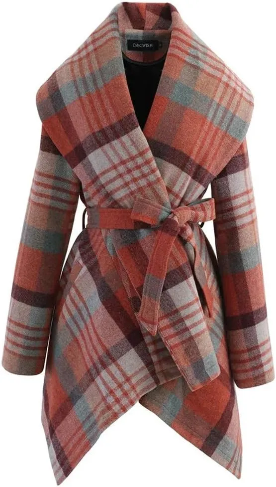 CHICWISH Women's Turn Down Shawl Collar Earth Tone Check Asymmetric Hemline Wool Blend Coat