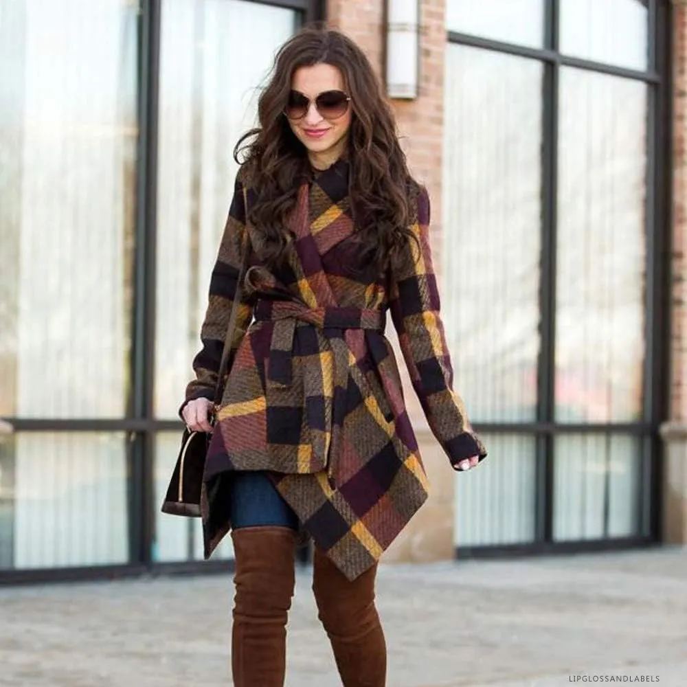 CHICWISH Women's Turn Down Shawl Collar Earth Tone Check Asymmetric Hemline Wool Blend Coat