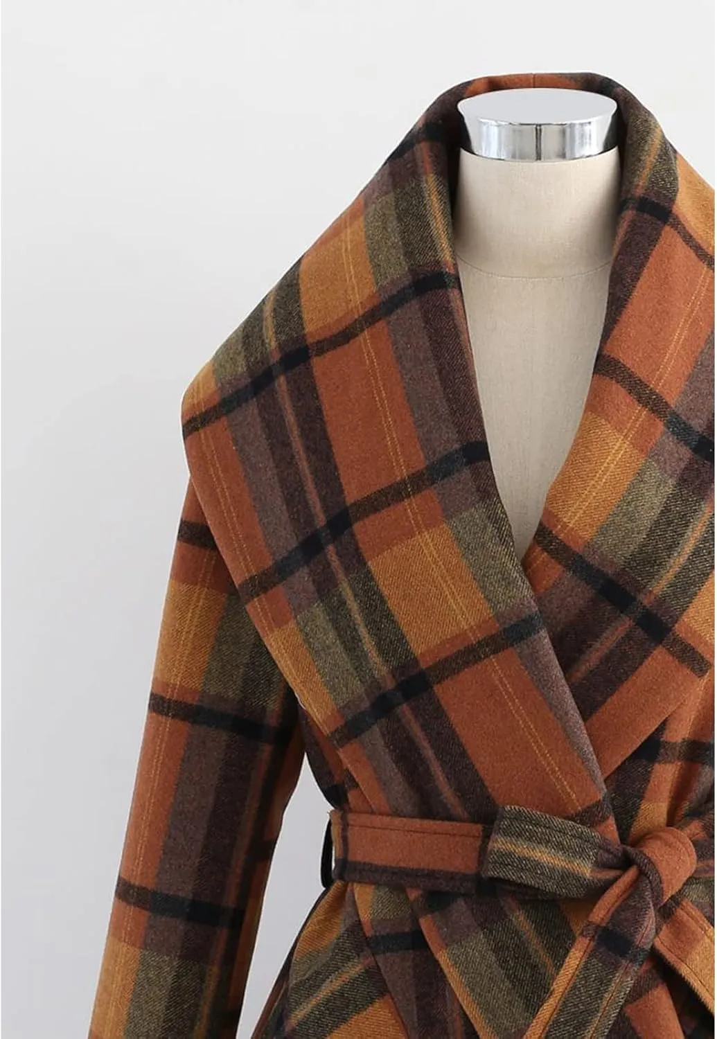 CHICWISH Women's Turn Down Shawl Collar Earth Tone Check Asymmetric Hemline Wool Blend Coat