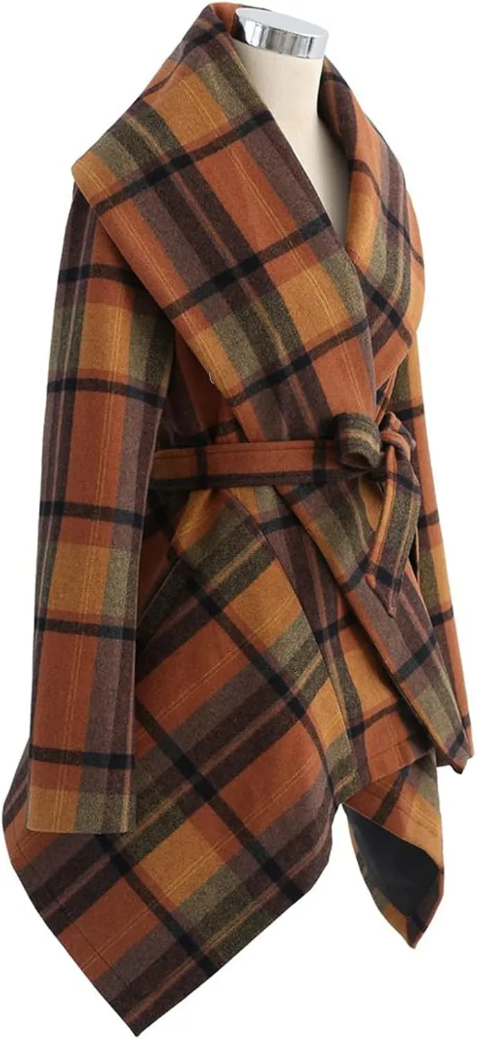 CHICWISH Women's Turn Down Shawl Collar Earth Tone Check Asymmetric Hemline Wool Blend Coat