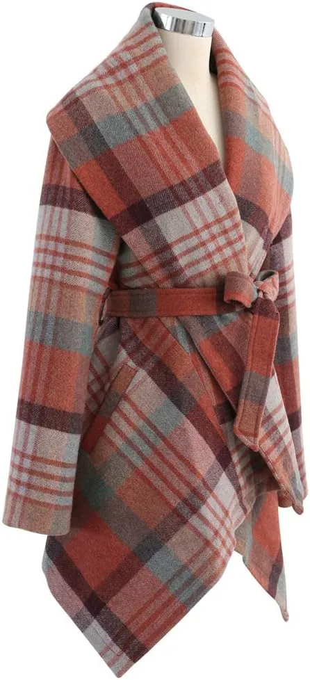 CHICWISH Women's Turn Down Shawl Collar Earth Tone Check Asymmetric Hemline Wool Blend Coat