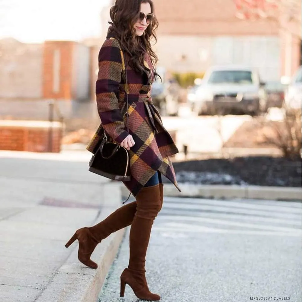 CHICWISH Women's Turn Down Shawl Collar Earth Tone Check Asymmetric Hemline Wool Blend Coat