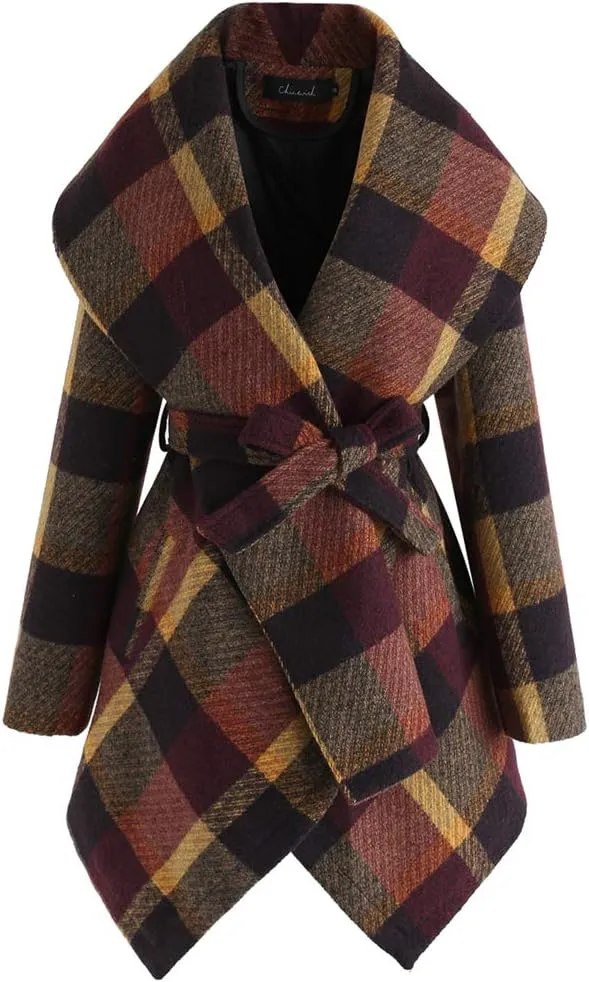 CHICWISH Women's Turn Down Shawl Collar Earth Tone Check Asymmetric Hemline Wool Blend Coat