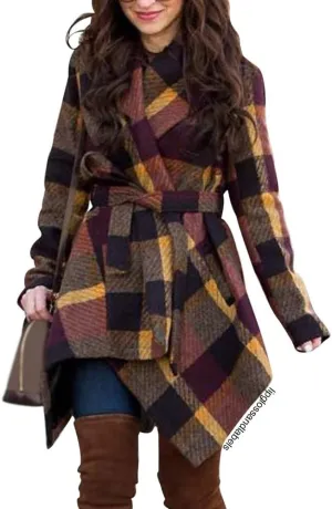 CHICWISH Women's Turn Down Shawl Collar Earth Tone Check Asymmetric Hemline Wool Blend Coat