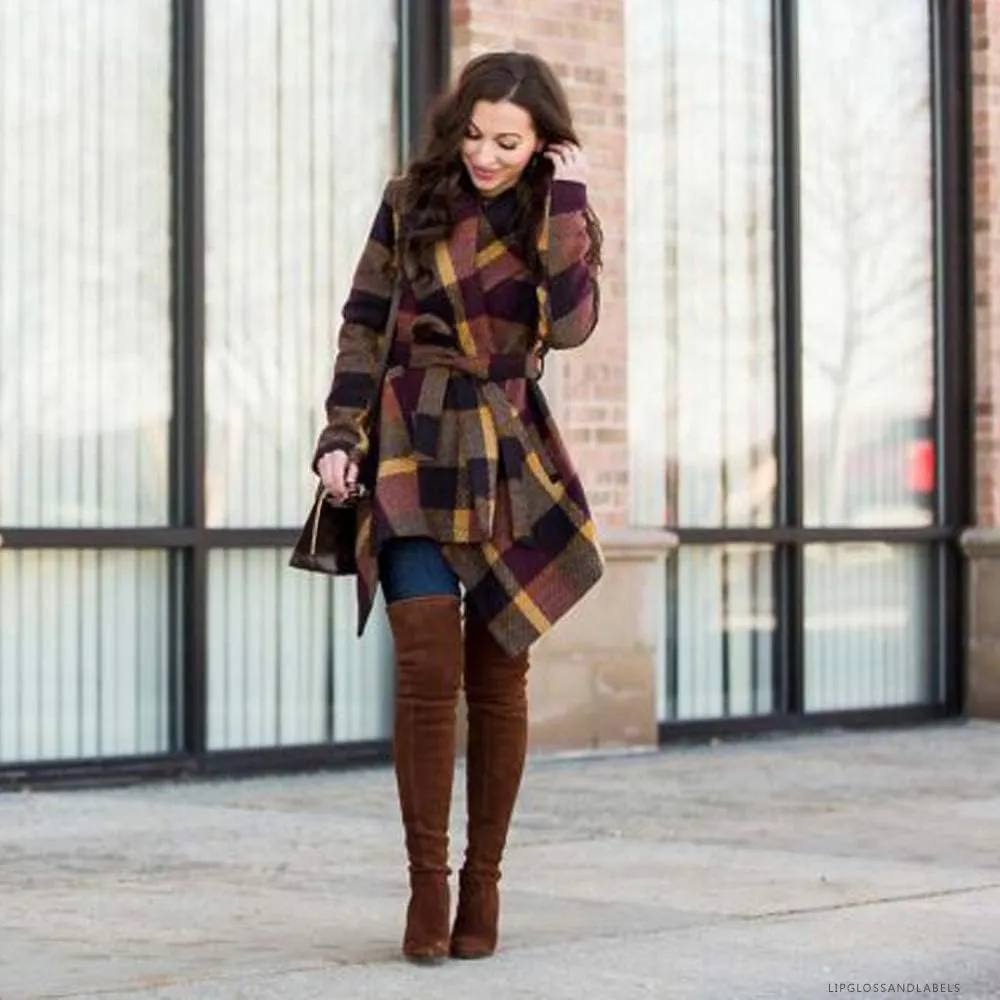 CHICWISH Women's Turn Down Shawl Collar Earth Tone Check Asymmetric Hemline Wool Blend Coat