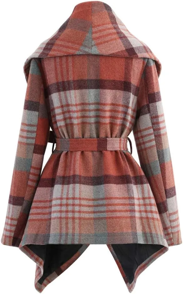 CHICWISH Women's Turn Down Shawl Collar Earth Tone Check Asymmetric Hemline Wool Blend Coat
