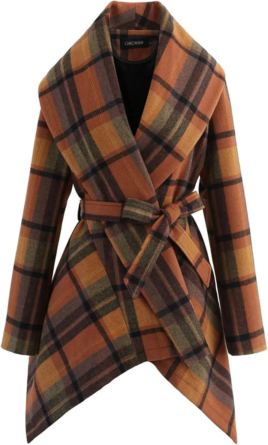 CHICWISH Women's Turn Down Shawl Collar Earth Tone Check Asymmetric Hemline Wool Blend Coat