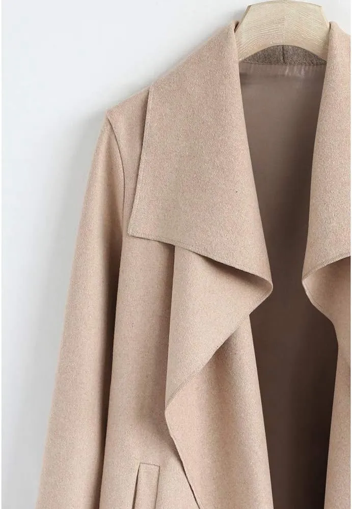 CHICWISH Women's Wide Lapel Open Front Long Sleeve Sand/Wine/Black/Grey Wool Blend Trench Coat