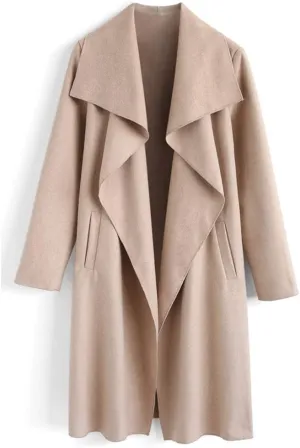 CHICWISH Women's Wide Lapel Open Front Long Sleeve Sand/Wine/Black/Grey Wool Blend Trench Coat