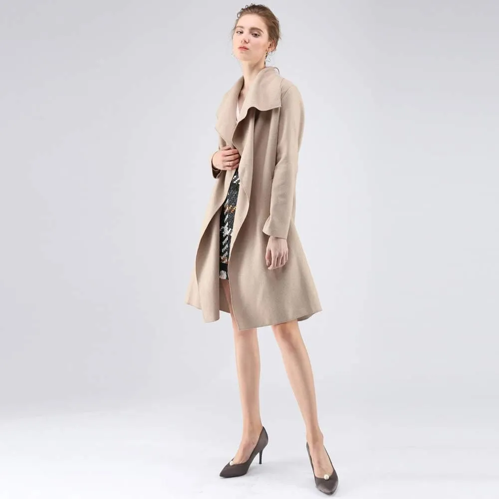 CHICWISH Women's Wide Lapel Open Front Long Sleeve Sand/Wine/Black/Grey Wool Blend Trench Coat
