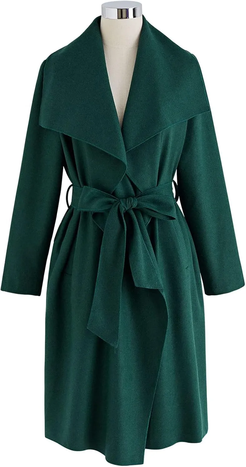CHICWISH Women's Wide Lapel Open Front Long Sleeve Sand/Wine/Black/Grey Wool Blend Trench Coat