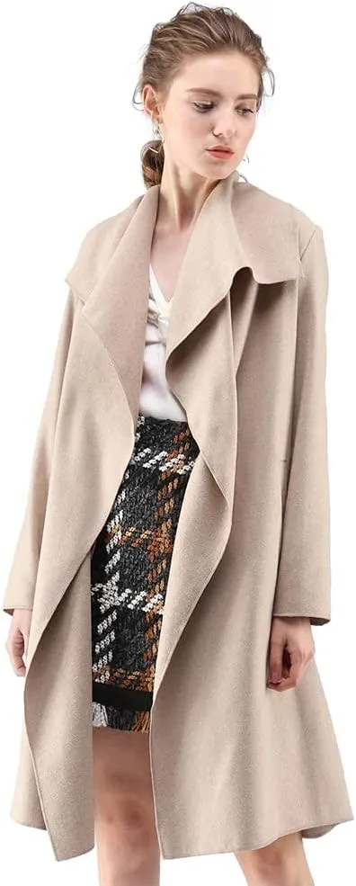 CHICWISH Women's Wide Lapel Open Front Long Sleeve Sand/Wine/Black/Grey Wool Blend Trench Coat