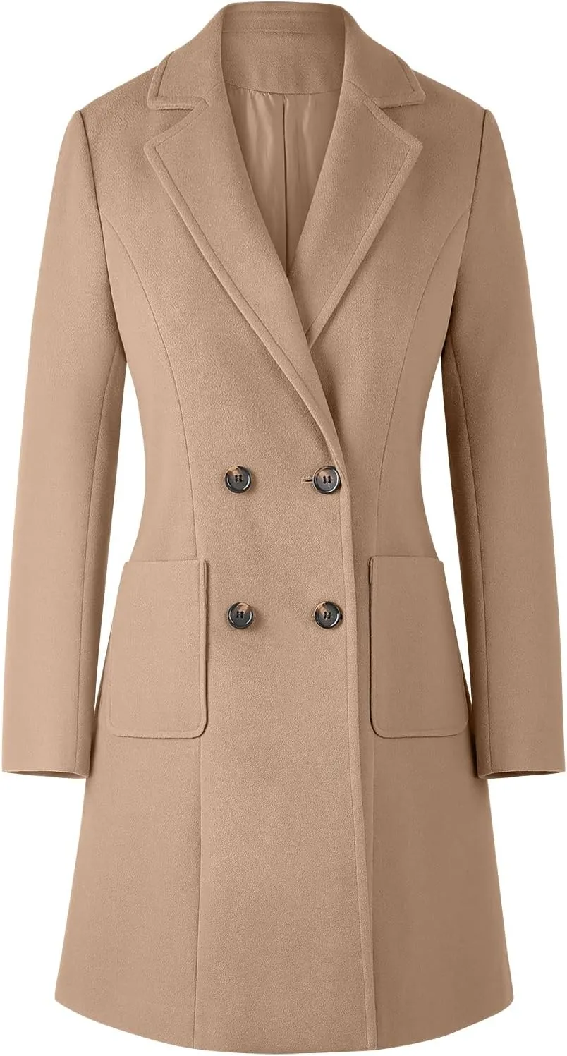 CHICZONE Women's Notch Lapel Double Breasted Mid Long Pea Coat Wool Blend Overcoat Winter Outwear