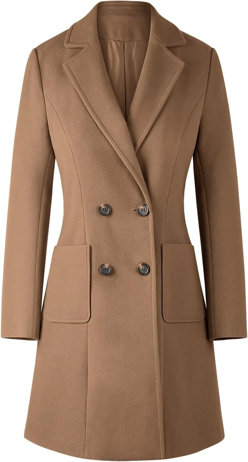 CHICZONE Women's Notch Lapel Double Breasted Mid Long Pea Coat Wool Blend Overcoat Winter Outwear