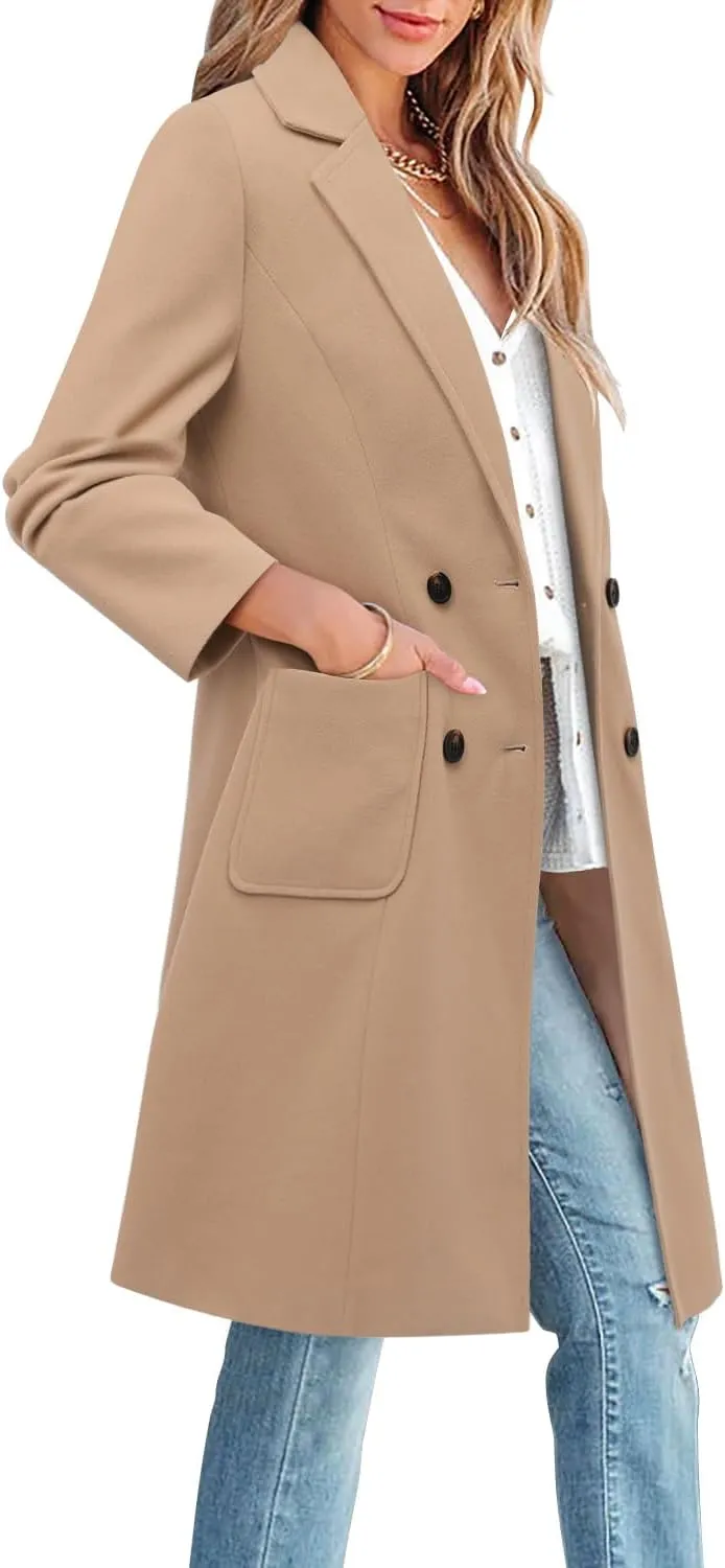 CHICZONE Women's Notch Lapel Double Breasted Mid Long Pea Coat Wool Blend Overcoat Winter Outwear