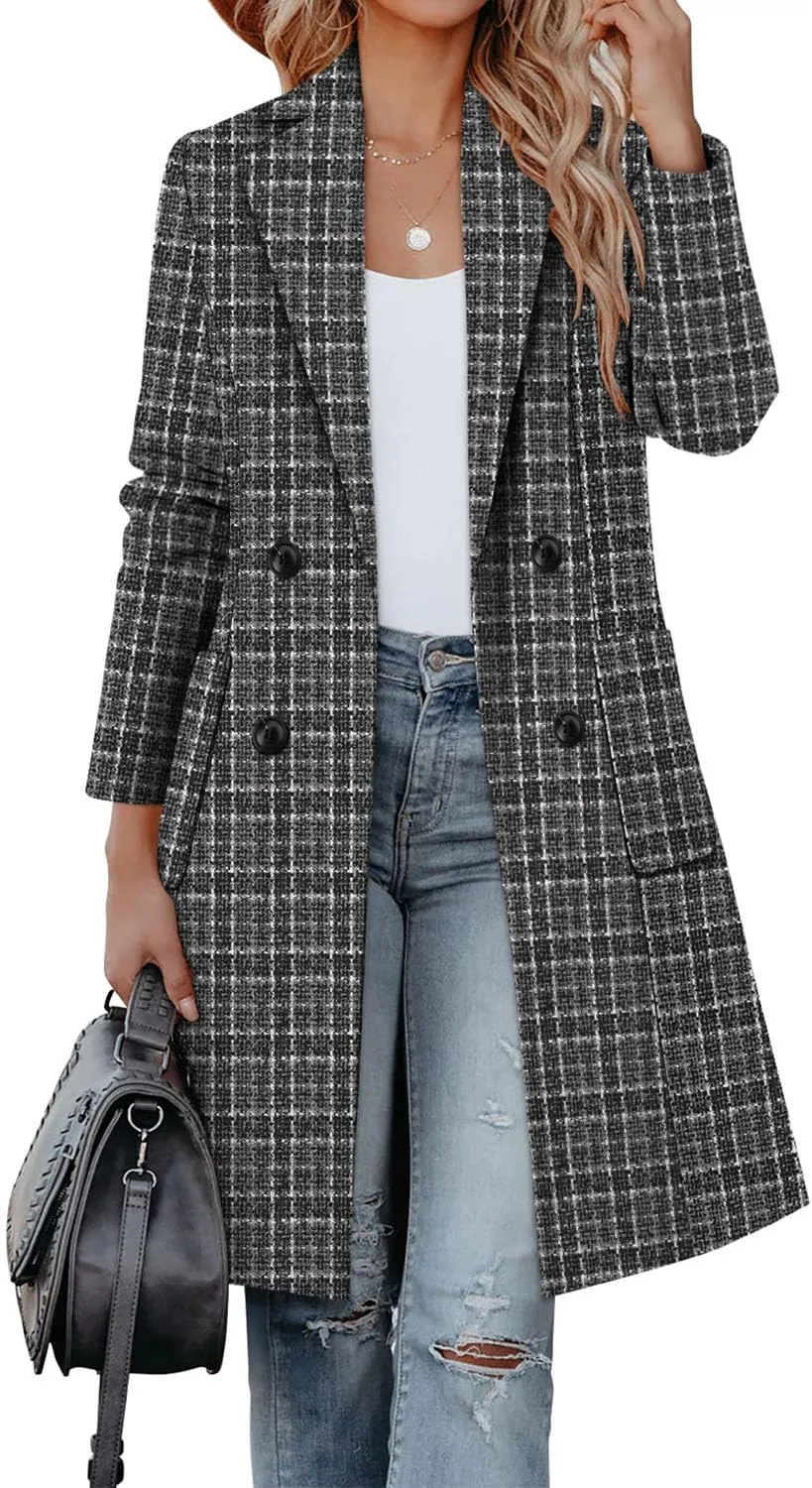 CHICZONE Women's Notch Lapel Double Breasted Mid Long Pea Coat Wool Blend Overcoat Winter Outwear