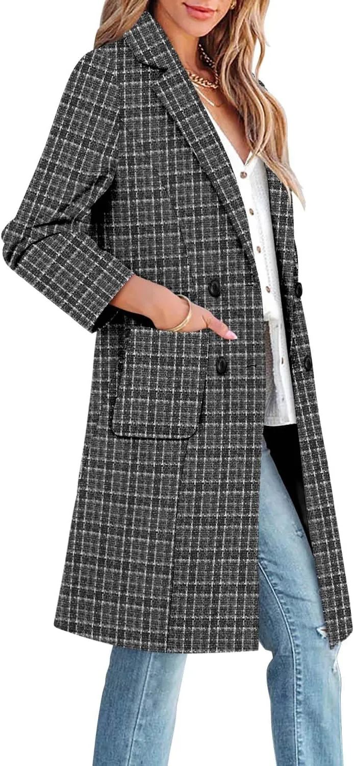 CHICZONE Women's Notch Lapel Double Breasted Mid Long Pea Coat Wool Blend Overcoat Winter Outwear