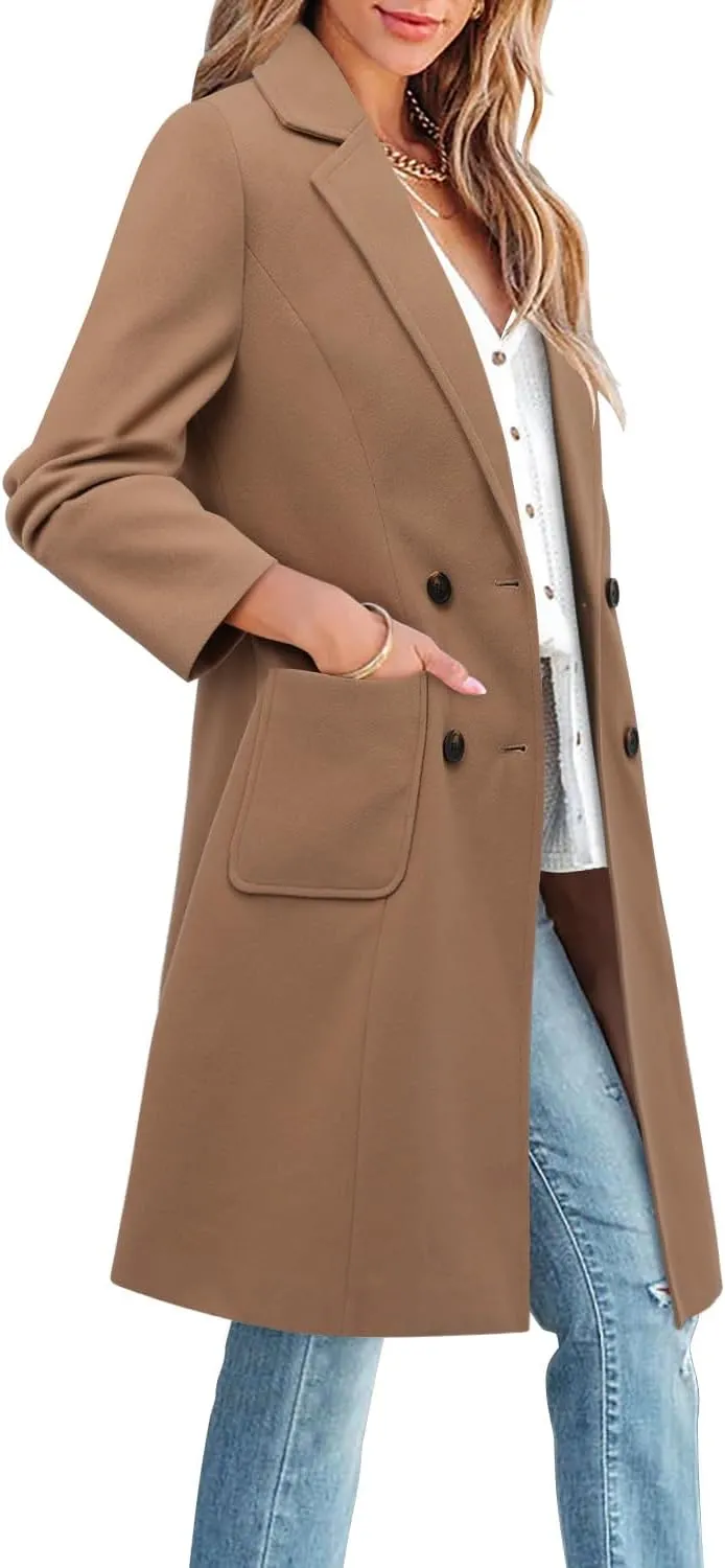CHICZONE Women's Notch Lapel Double Breasted Mid Long Pea Coat Wool Blend Overcoat Winter Outwear