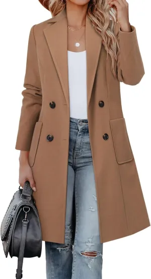 CHICZONE Women's Notch Lapel Double Breasted Mid Long Pea Coat Wool Blend Overcoat Winter Outwear