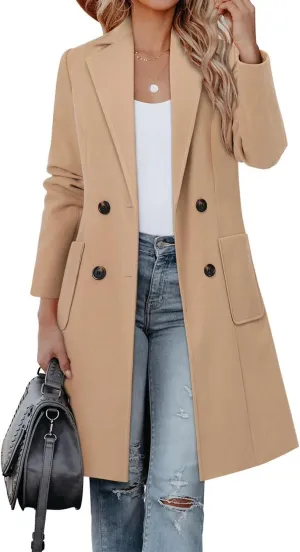 CHICZONE Women's Notch Lapel Double Breasted Mid Long Pea Coat Wool Blend Overcoat Winter Outwear