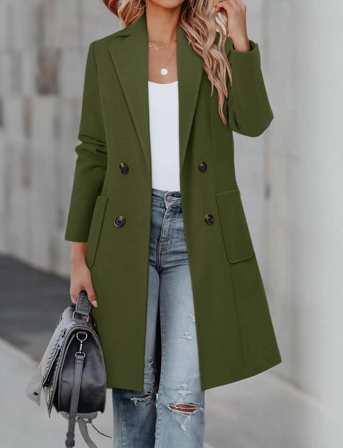 CHICZONE Women's Notch Lapel Double Breasted Mid Long Pea Coat Wool Blend Overcoat Winter Outwear